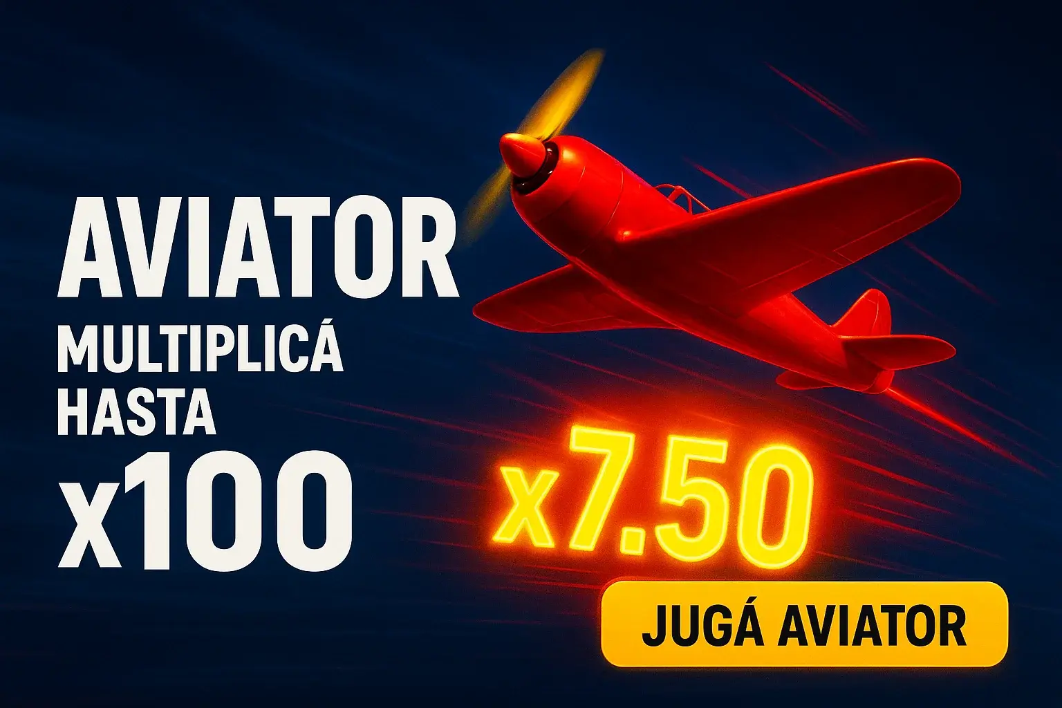 Banner Aviator con avión rojo, multiplicador x7.50 y botón Jugá Aviator