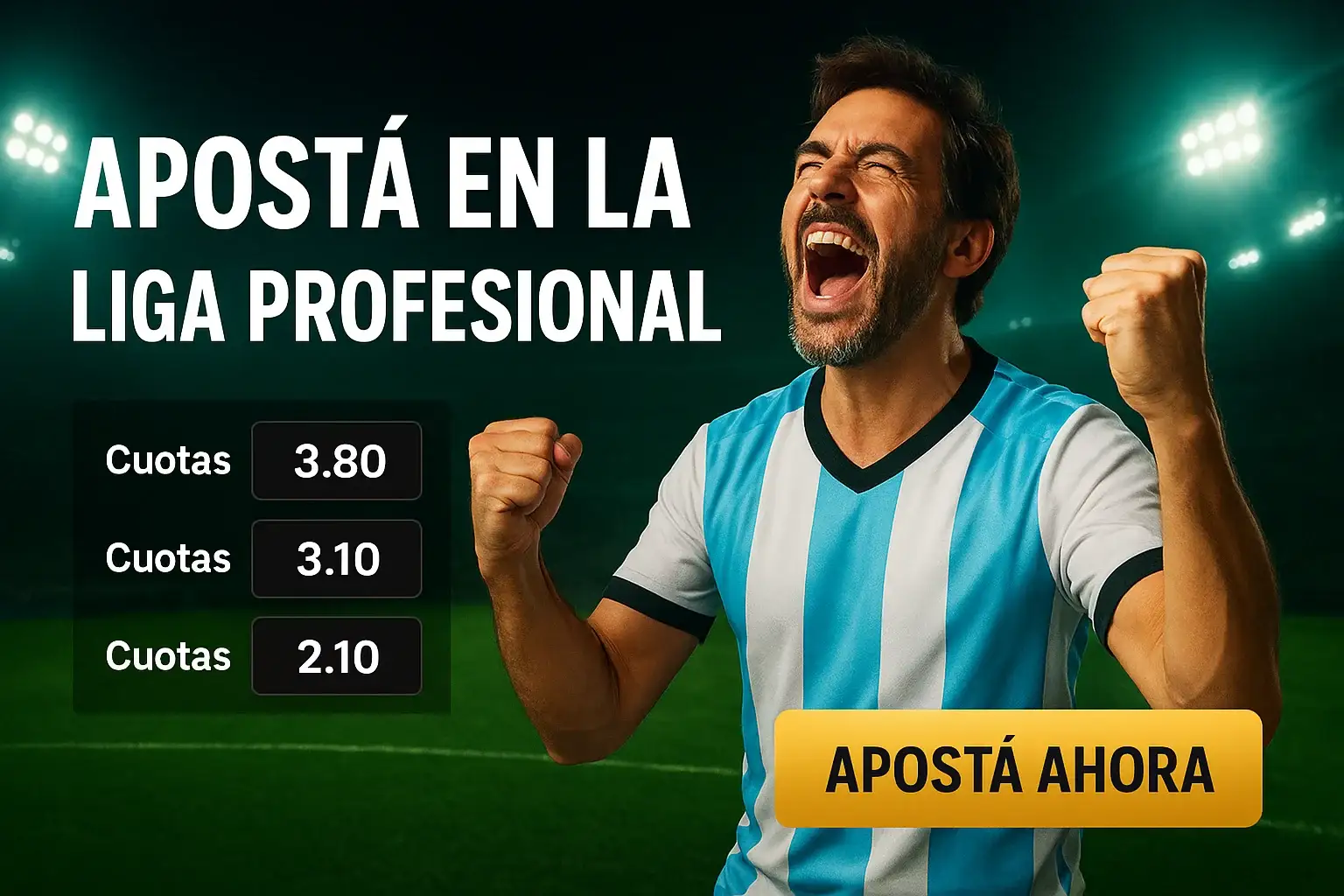 Banner de apuestas con hincha argentino celebrando y botón Apostá Ahora