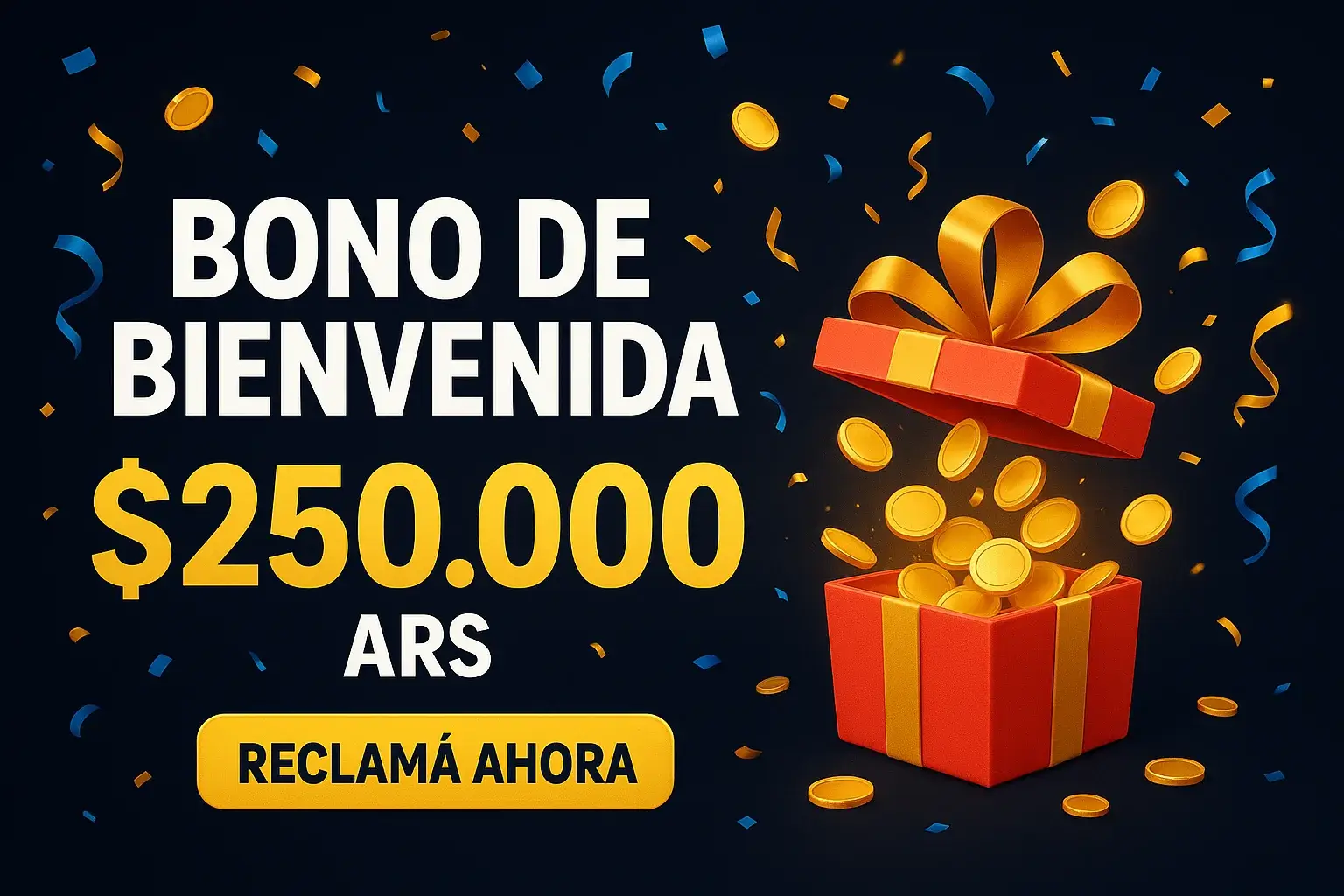Banner de casino con bono de bienvenida $250.000 ARS y botón Reclamá Ahora